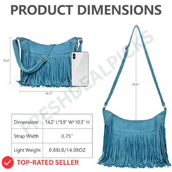 Vintage Suede Hobo Crossbody Bag Fringe Tassel Western Boho Chic - Picture 5 of 8